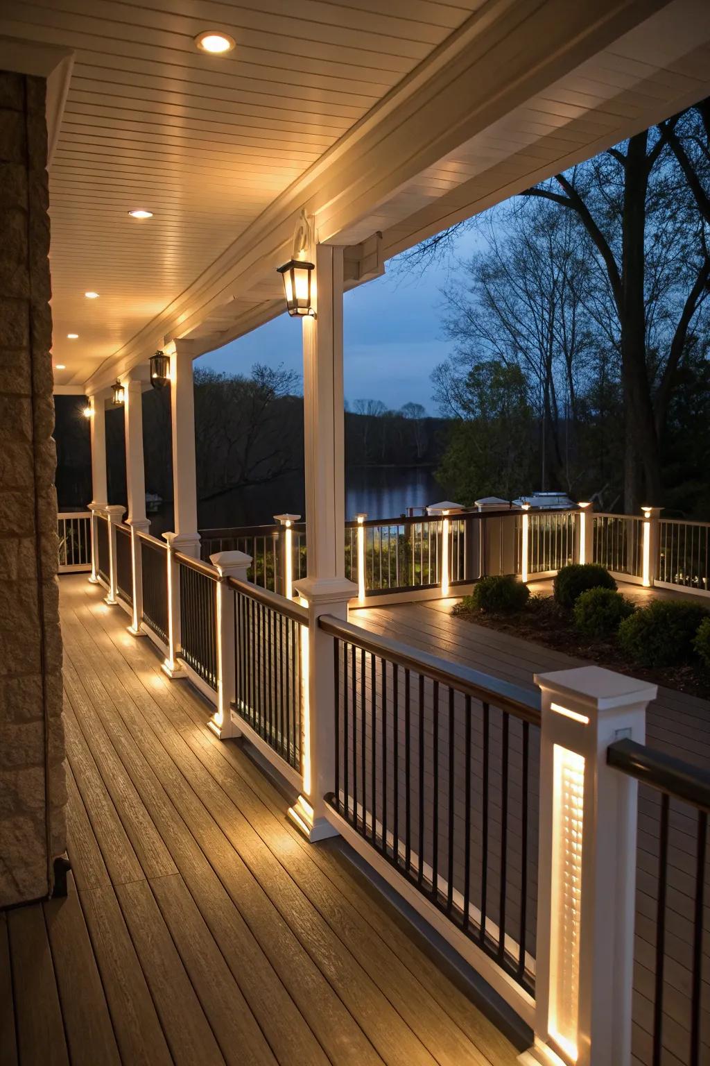 Deck rail lighting enhances beauty and security.