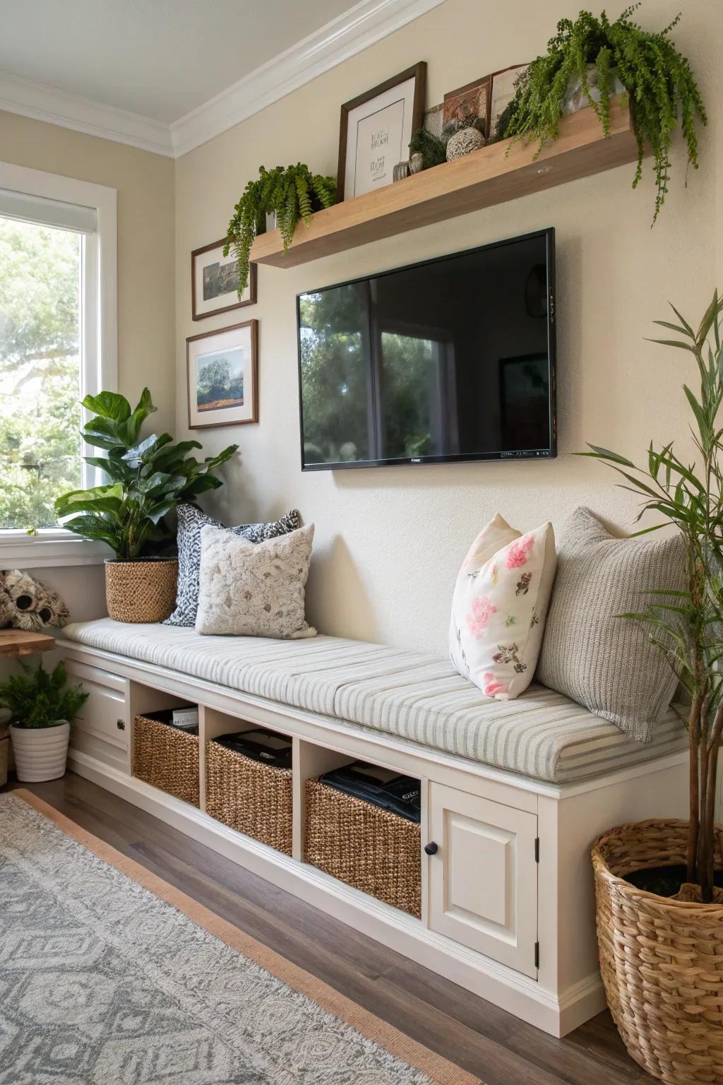 A stylish bench can provide both seating and storage options under your TV.