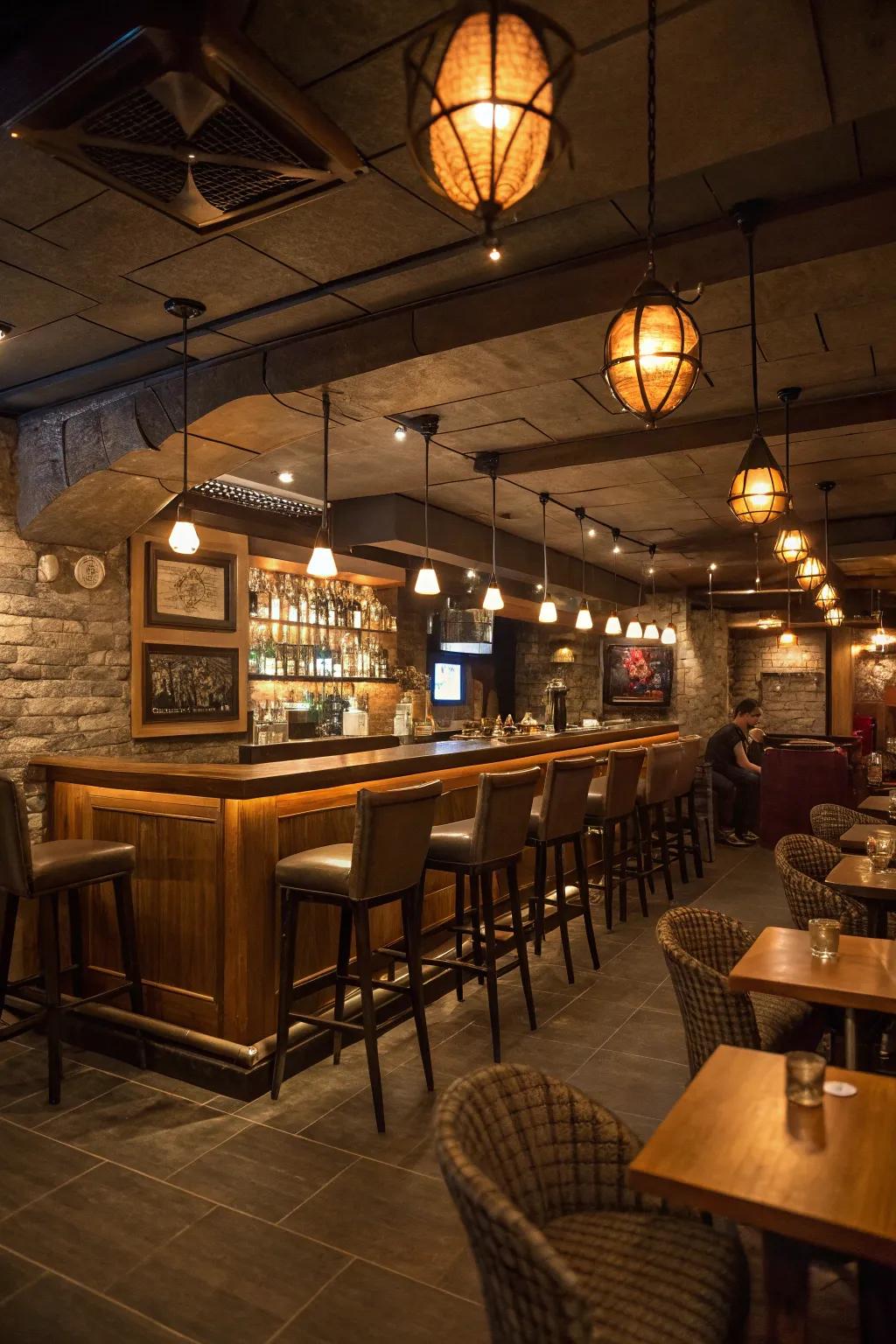 Pendant lighting enhances a basement bar's atmosphere.