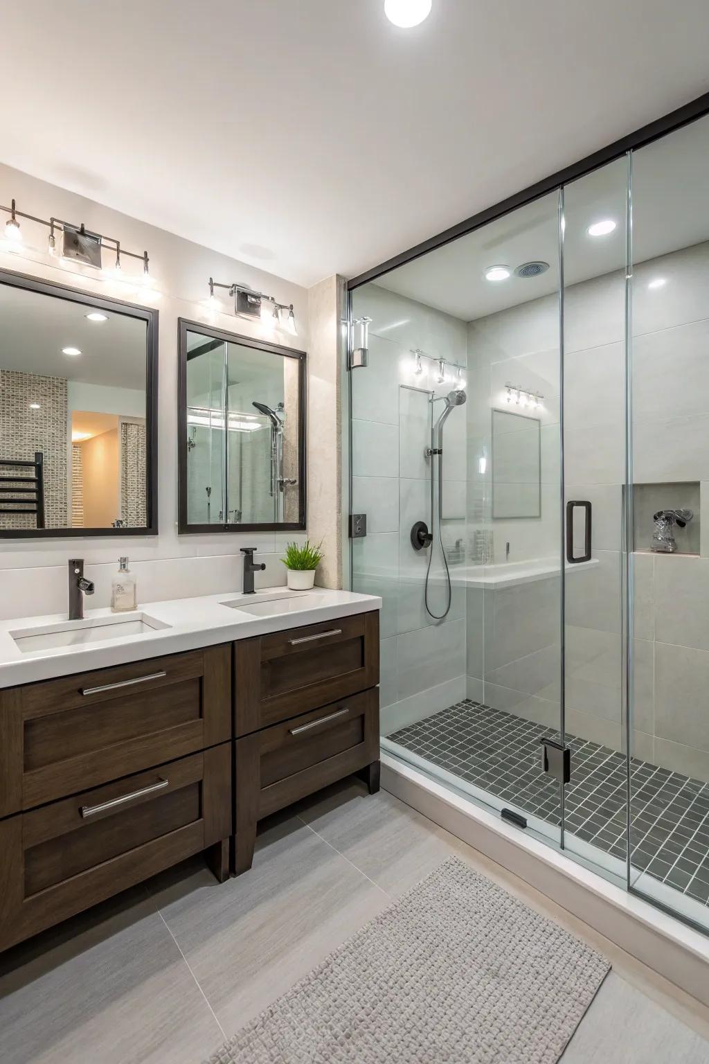 A borderless glass shower opens up the room beautifully.