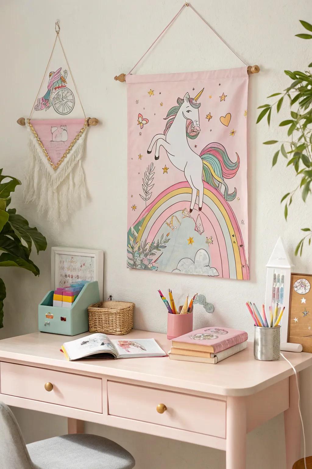 Enchanting wall pieces adding charm to a magical creature-themed room.