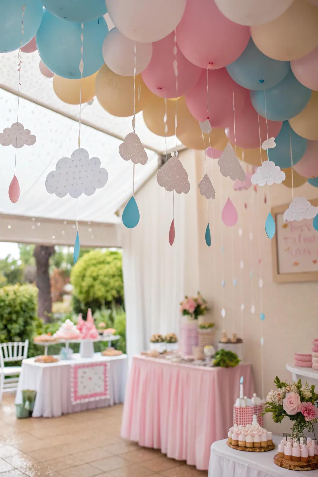 Ethereal paper clouds and raindrops descending from above.