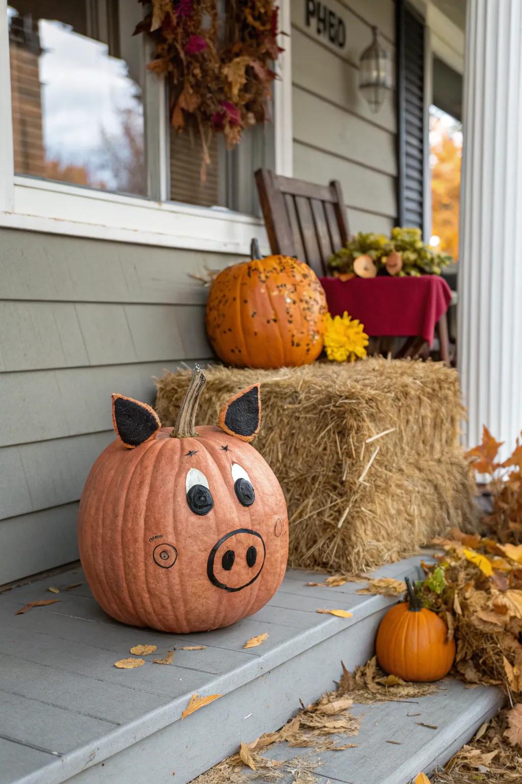 A pumpkin cleverly transformed into a pig, complete with adorable ears and snout.