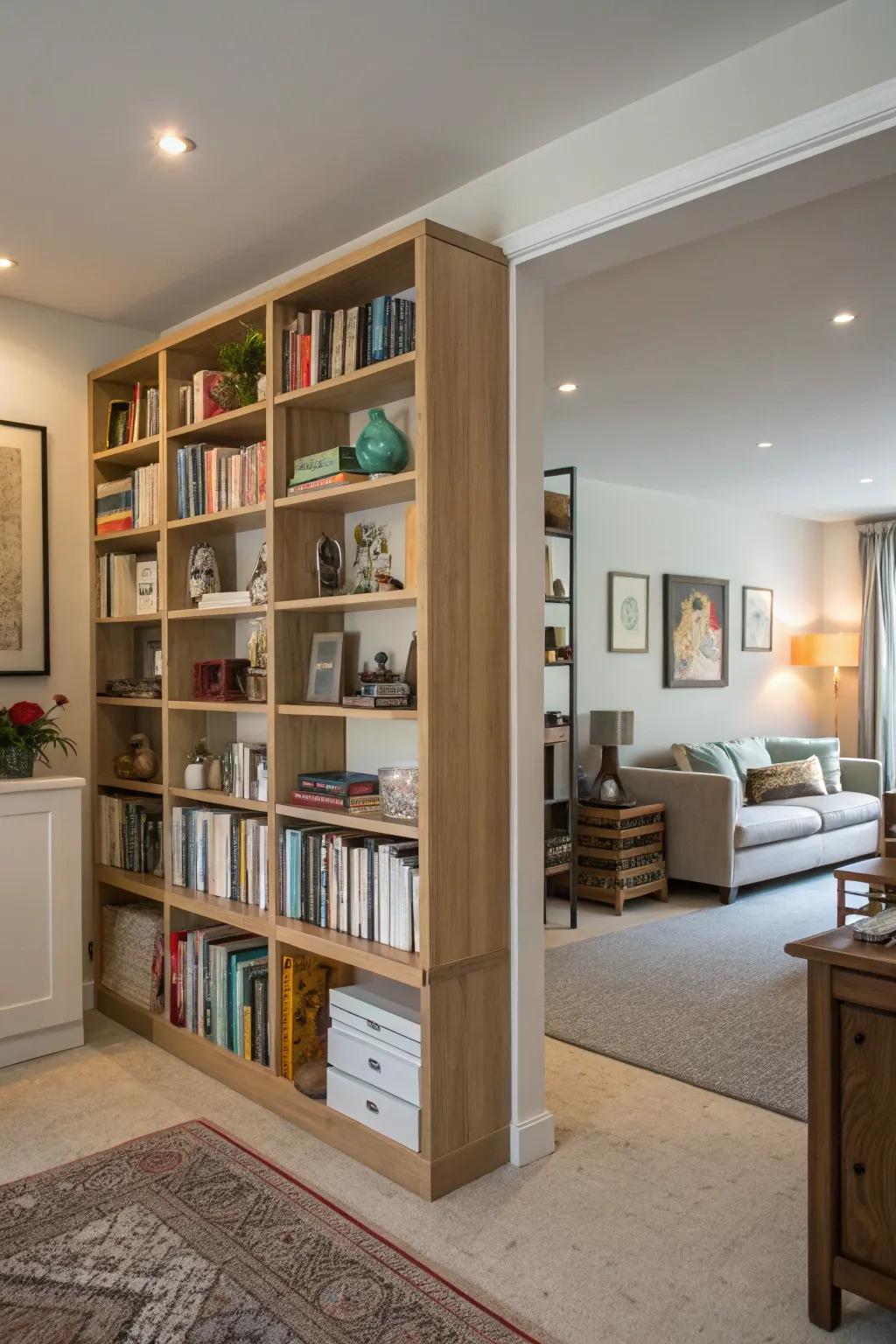 A useful open shelving divider shows off décor in a beautiful manner.