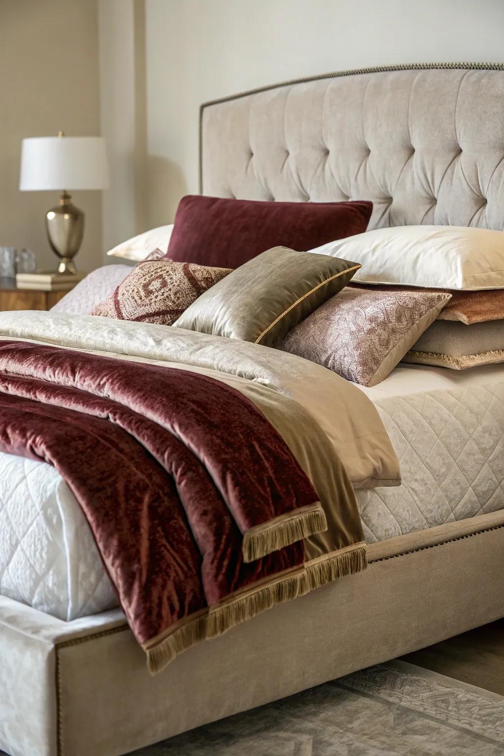 Layered bedding creates rich visual interest against an upholstered background.