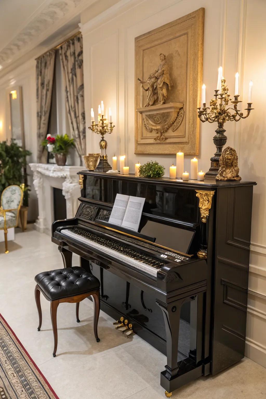 An opulent room featuring an upright piano embellished with sculptures and candles.