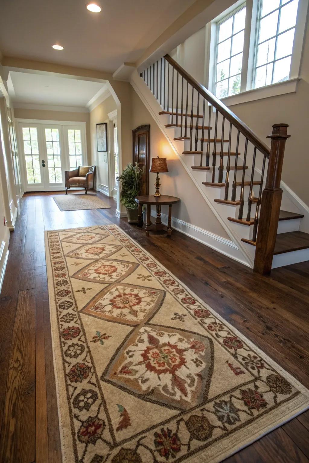 A patterned rug introduces a sense of cohesion to the landing.