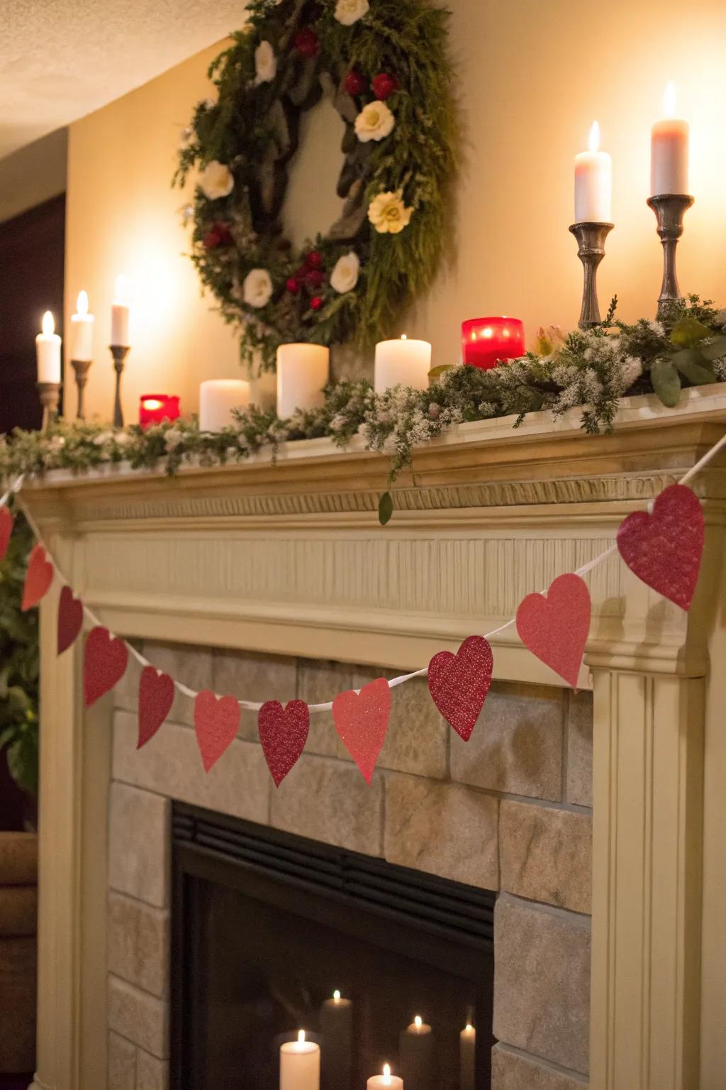 Charming mantel featuring a heart streamer and lights