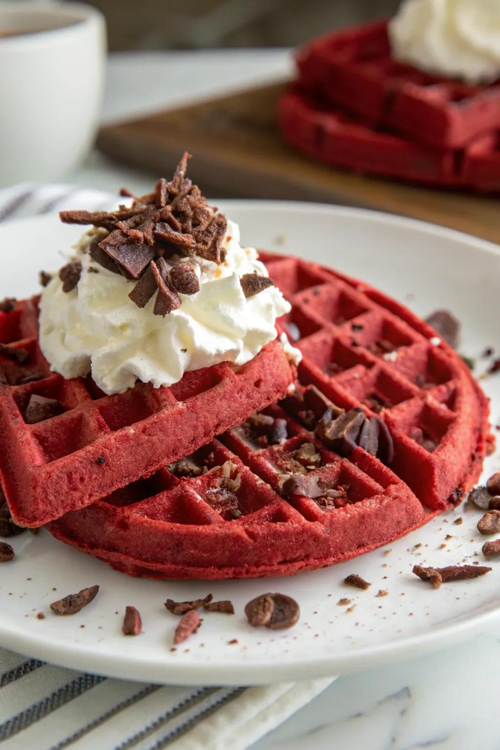 Rich red velvet waffles with whipped cream and chocolate.