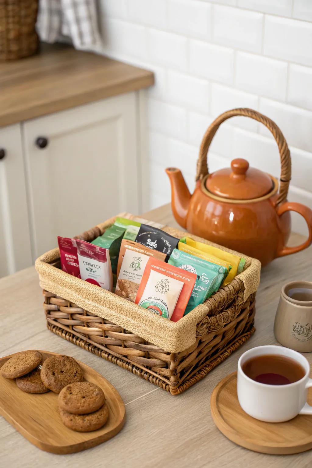 An enchanting tea-themed basket filled with treats.