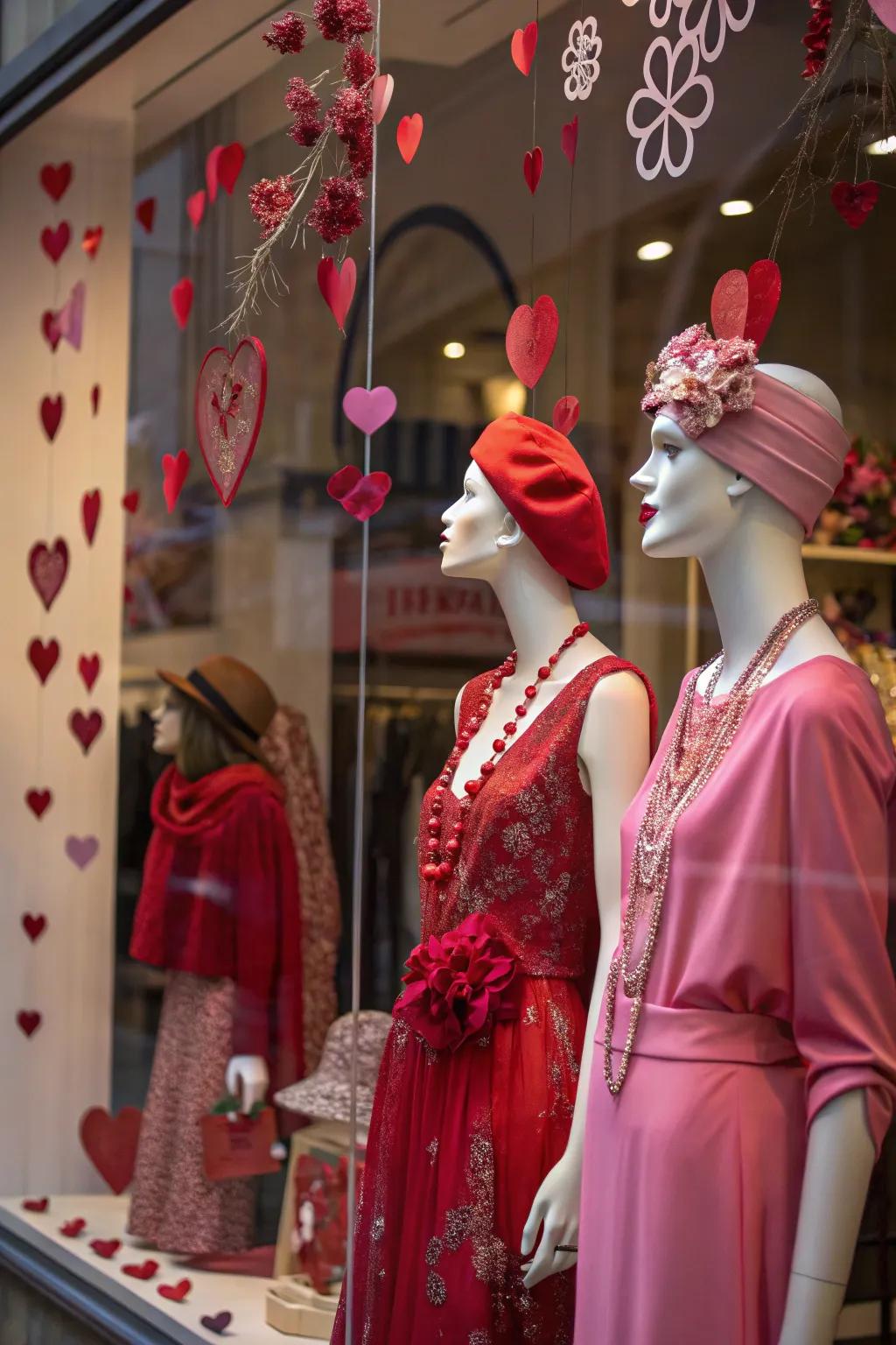 Elegantly dressed mannequins in a store window, impeccably styled for Valentine's Day with a passionate flair.
