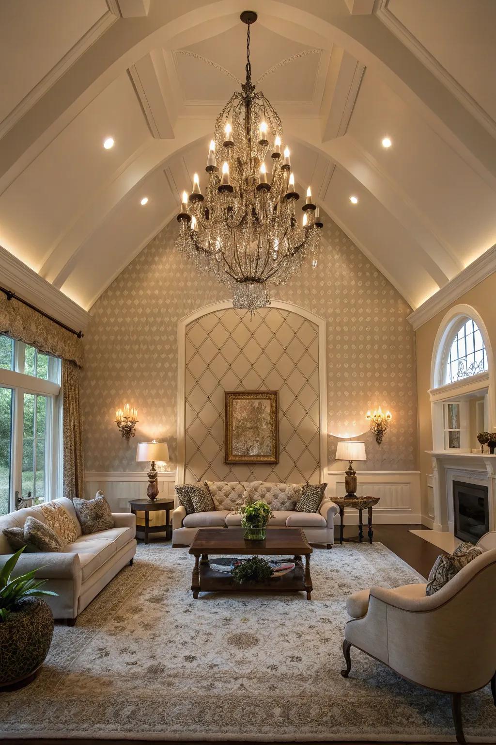 A family room showcasing a vaulted ceiling, with a chandelier accentuating the wall's features