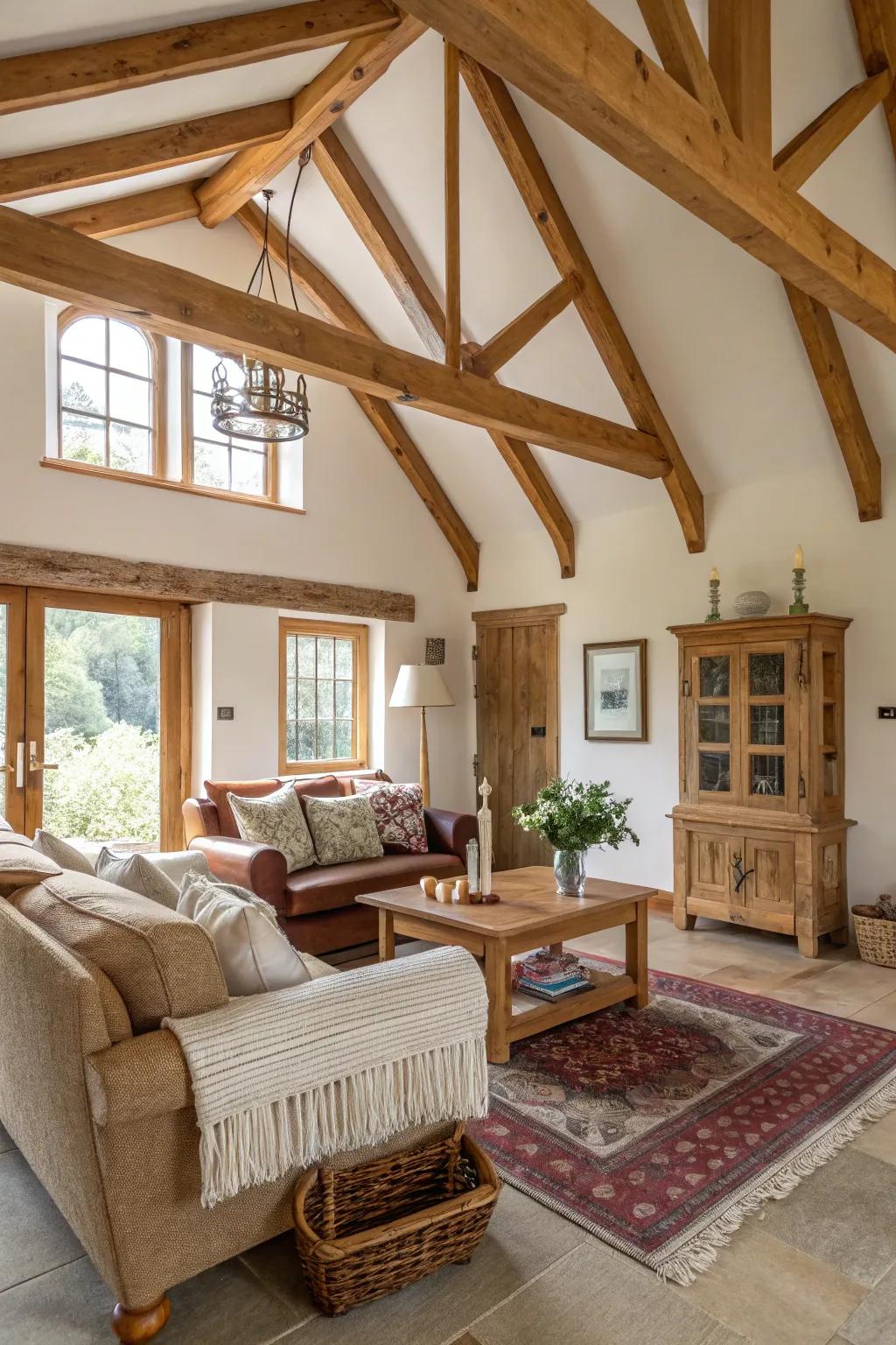 Contrasting hues draw attention to the stunning details of exposed beams.