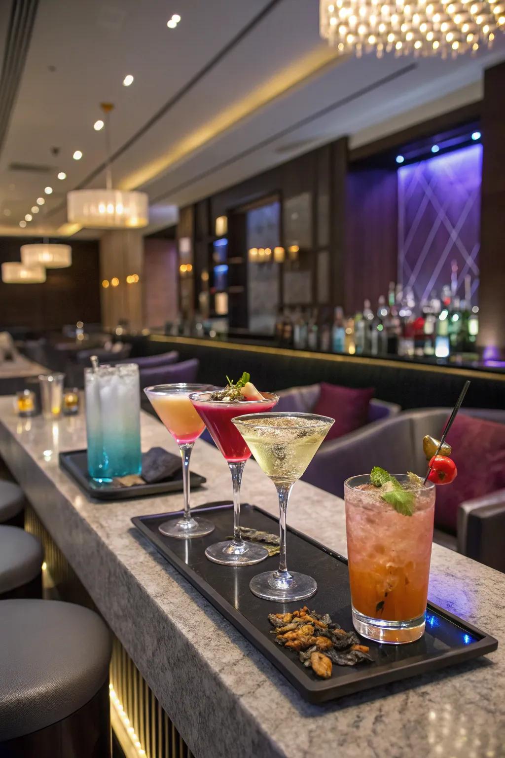 Create a stylish cocktail station with signature drinks that define Vegas class.