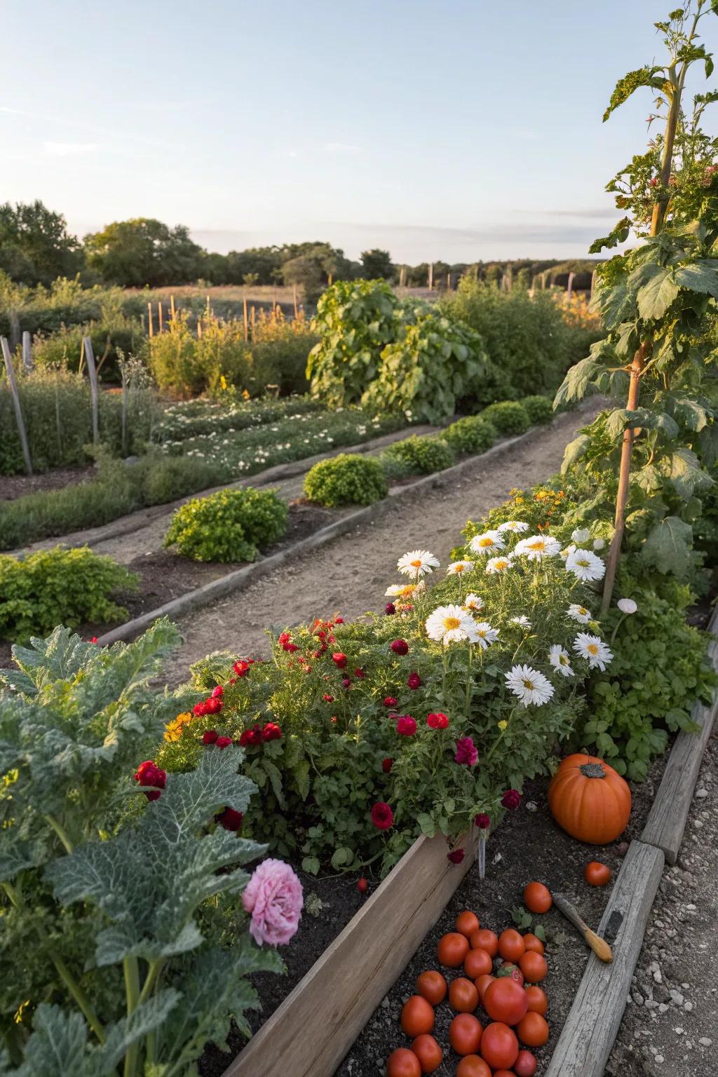 Symbiotic arrangements with edibles and blossoms enhance the garden's productivity and beauty.