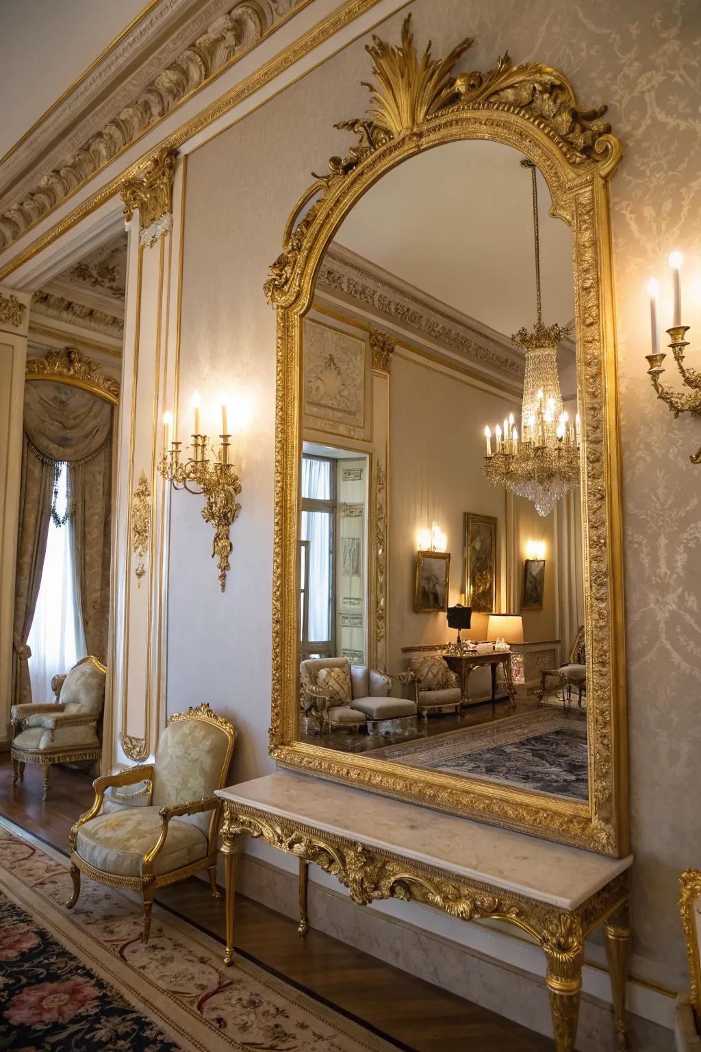 An elaborate mirror that enhances the beauty and light of the room.