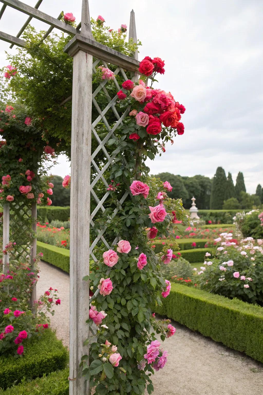 An attractive trellis supports climbing roses, adding a touch of beauty to the garden.