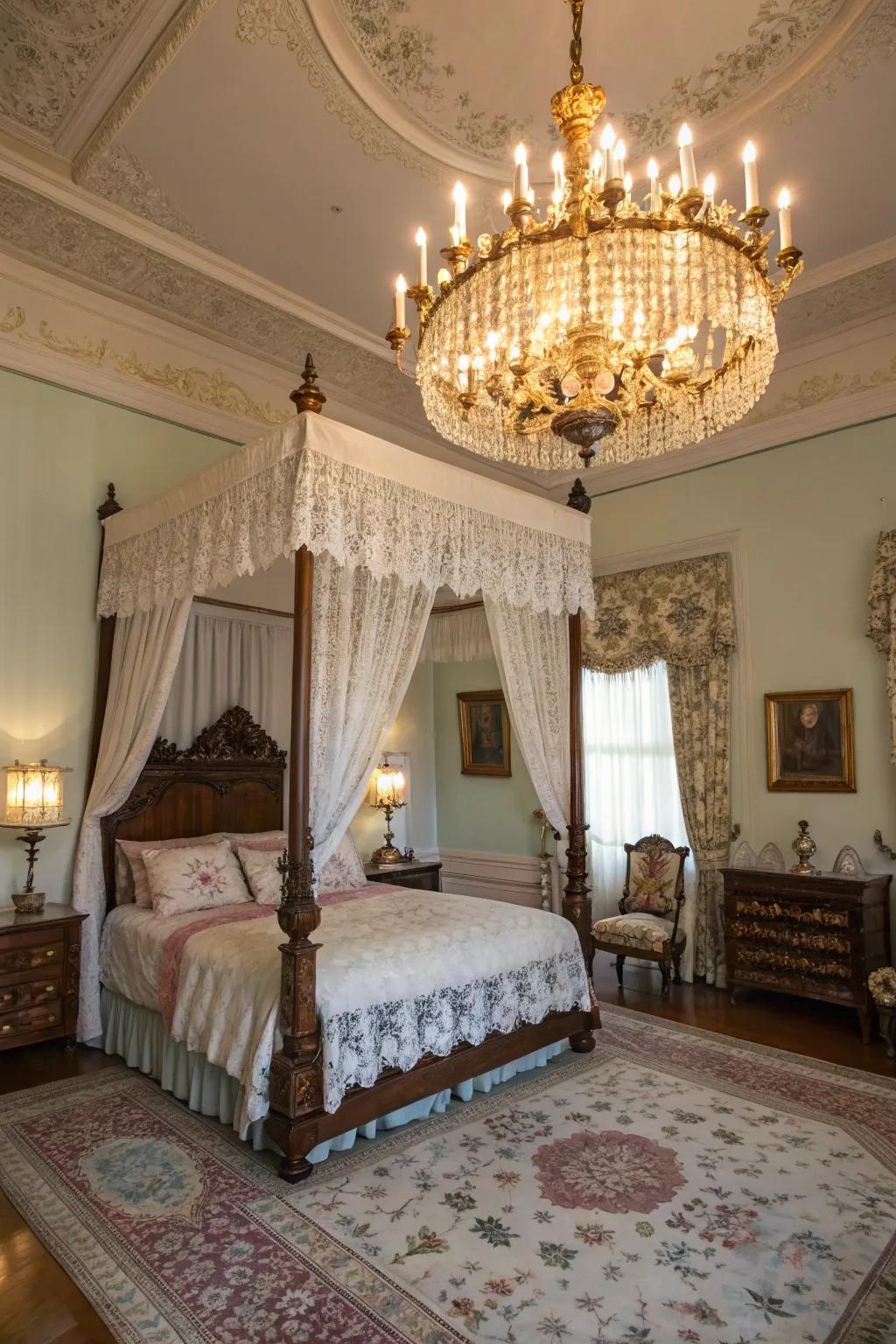 An exquisite chandelier acts as the focal point of Victorian elegance.