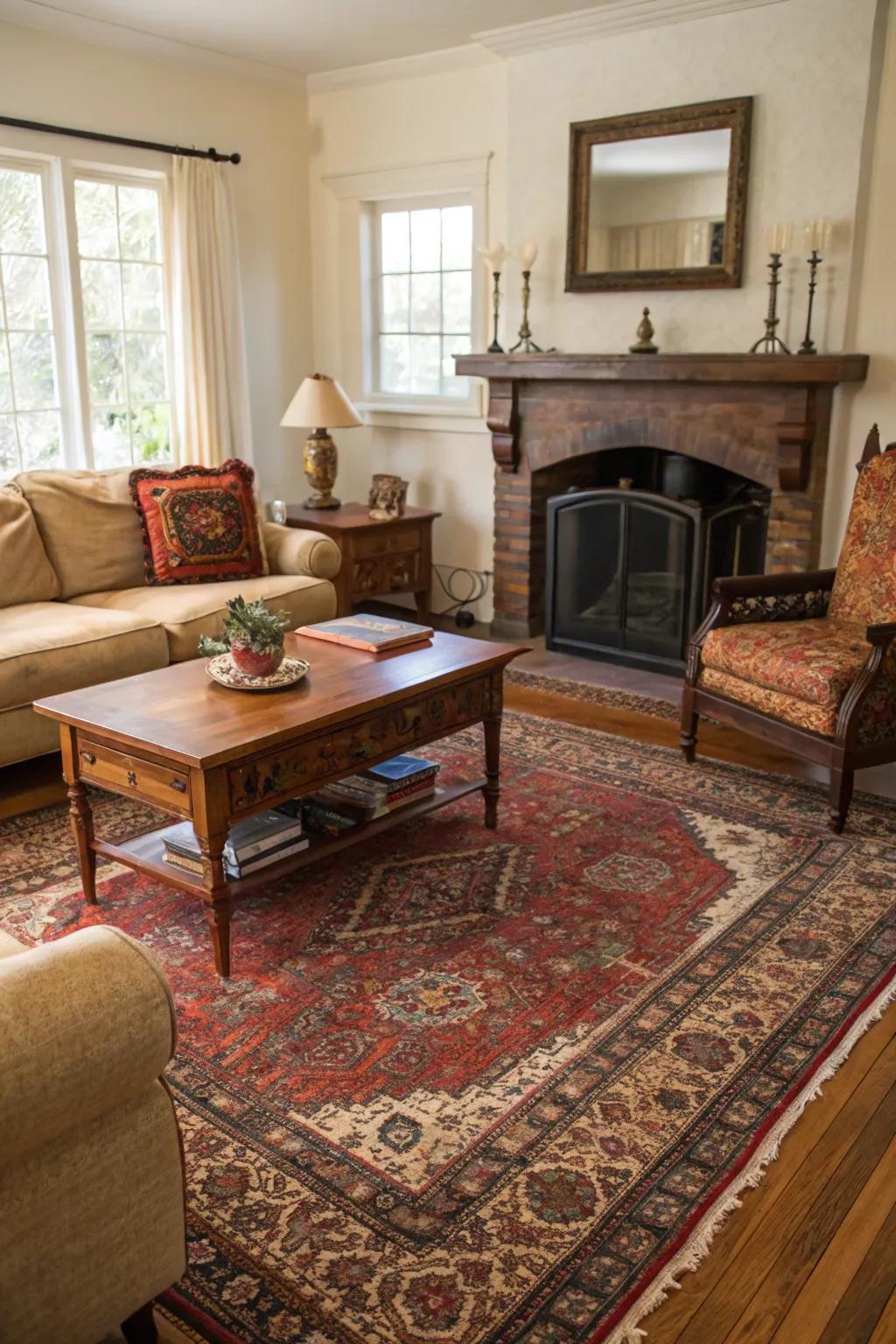 A cozy living room featuring a Persian rug and vintage furniture.