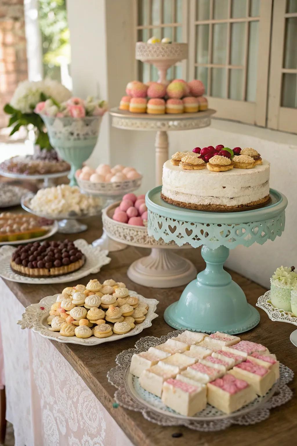 A beautiful retro dessert display with diverse sugary treats.