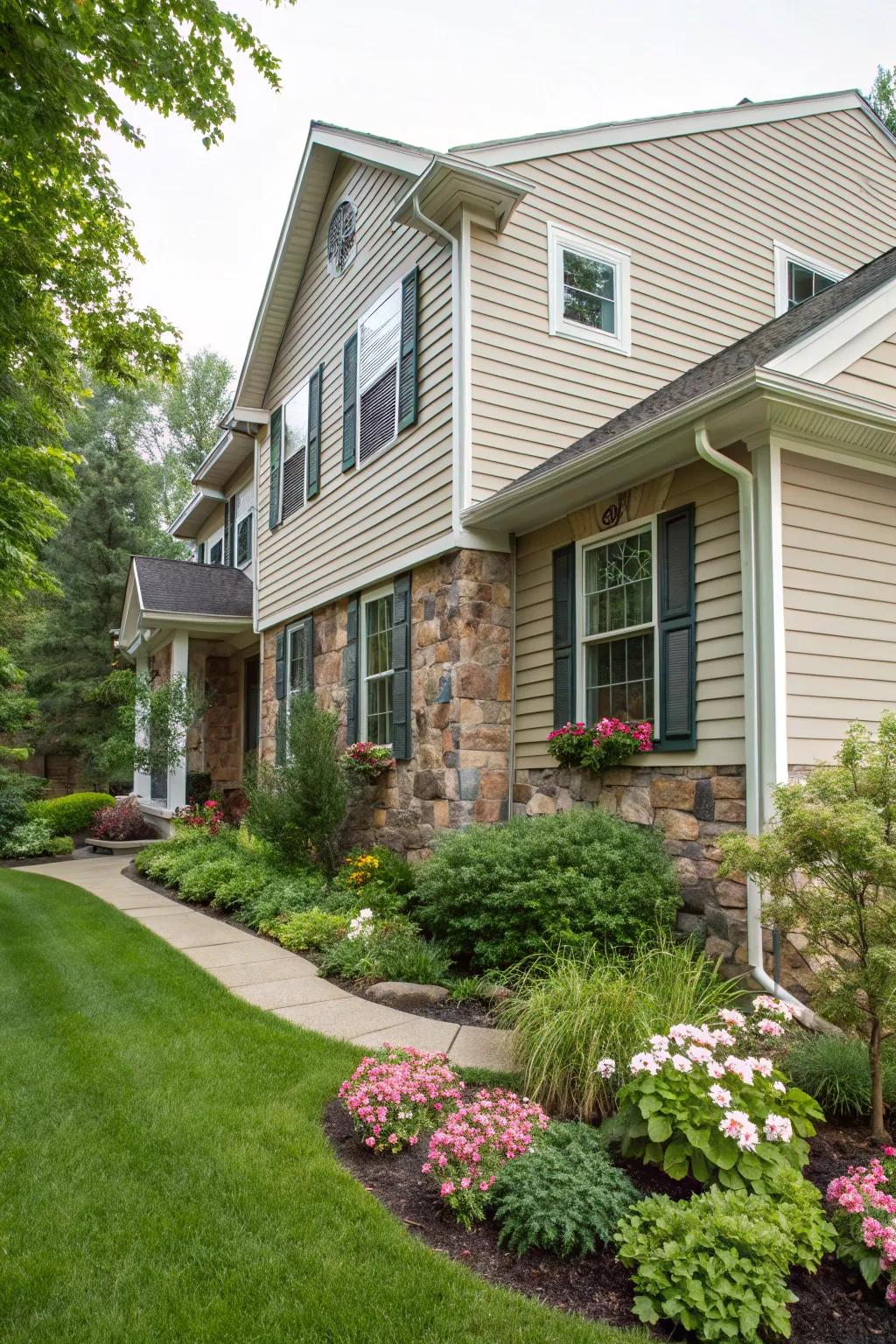 Combine vinyl with stone or brick for a unique and inviting exterior.