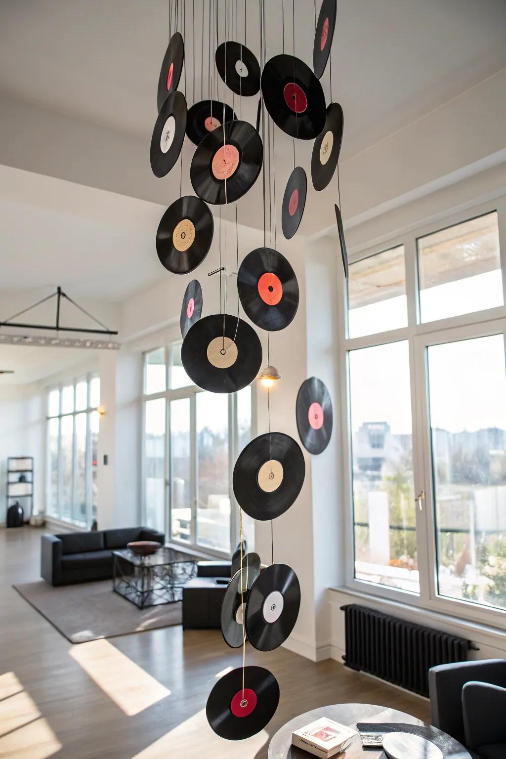 Infuse a sense of motion and artistic expression by constructing a mobile from vinyl records.