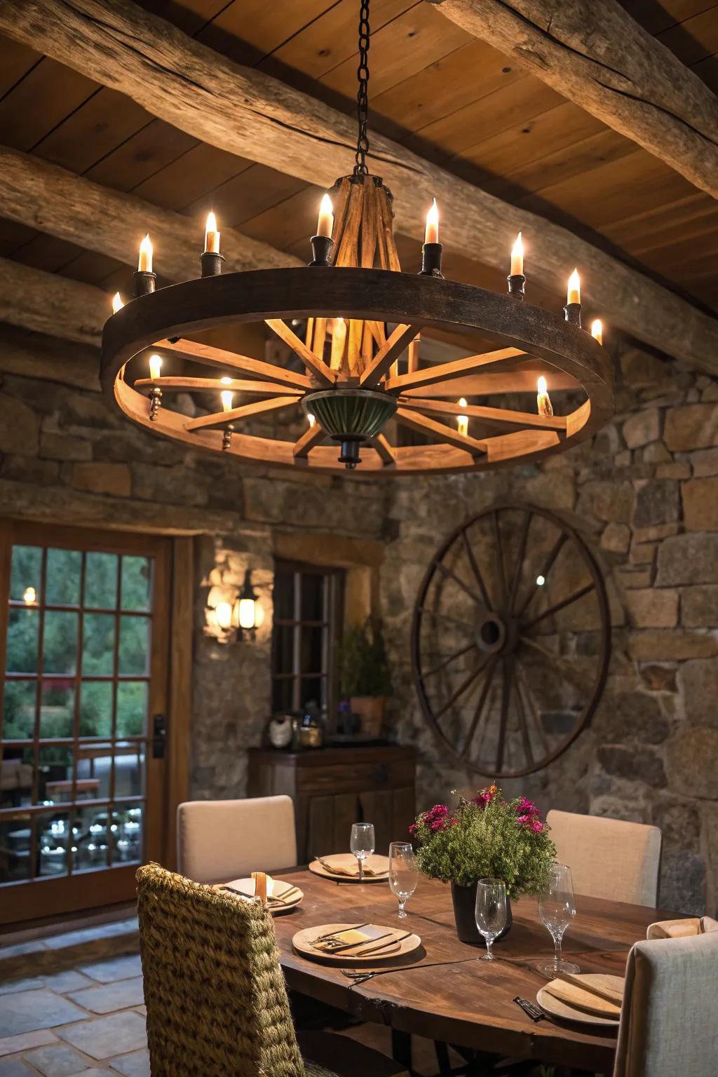A carriage wheel converted into a refined hanging light above a dining space.