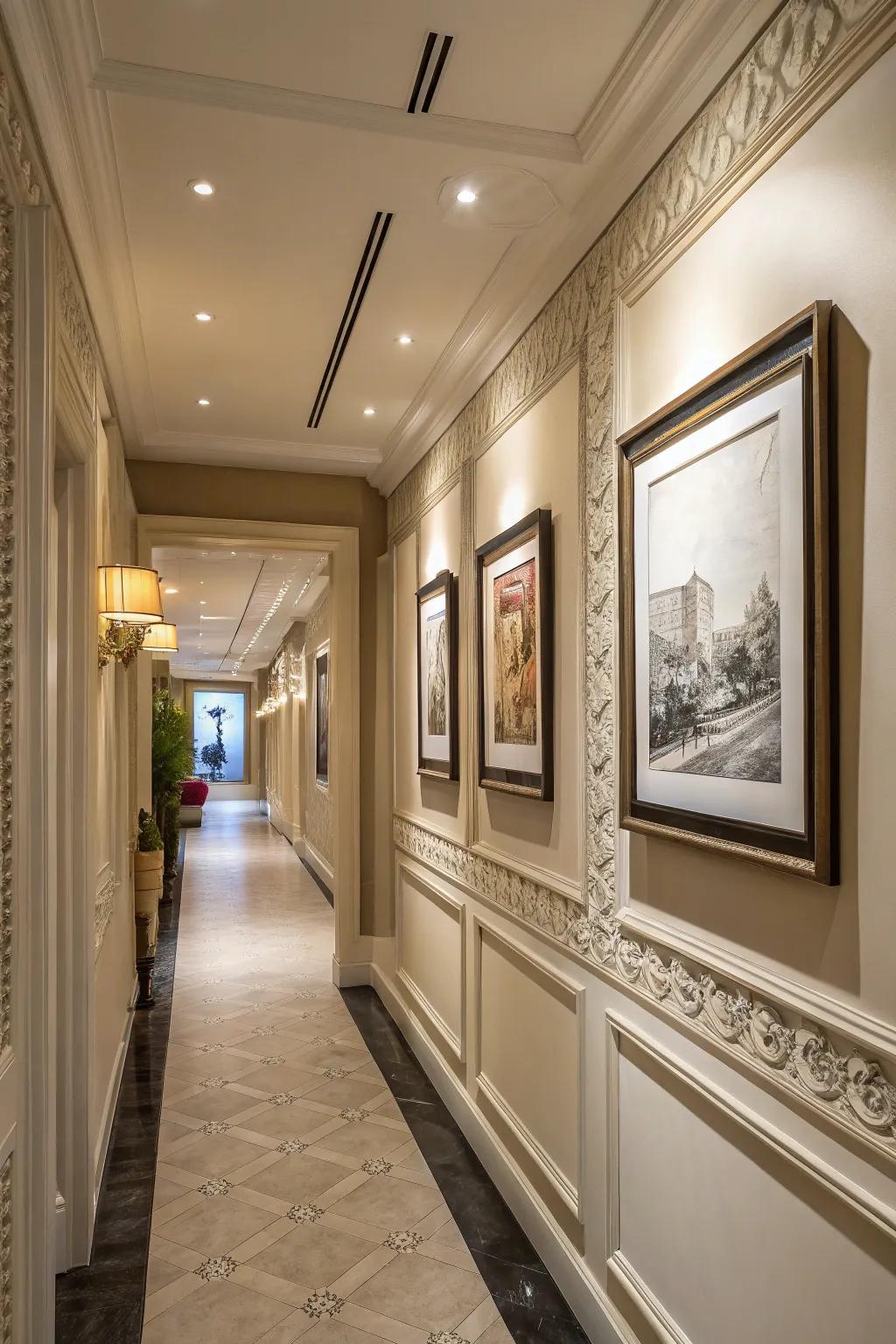 Turn your hallway into a visual display using wall frame embellishment.