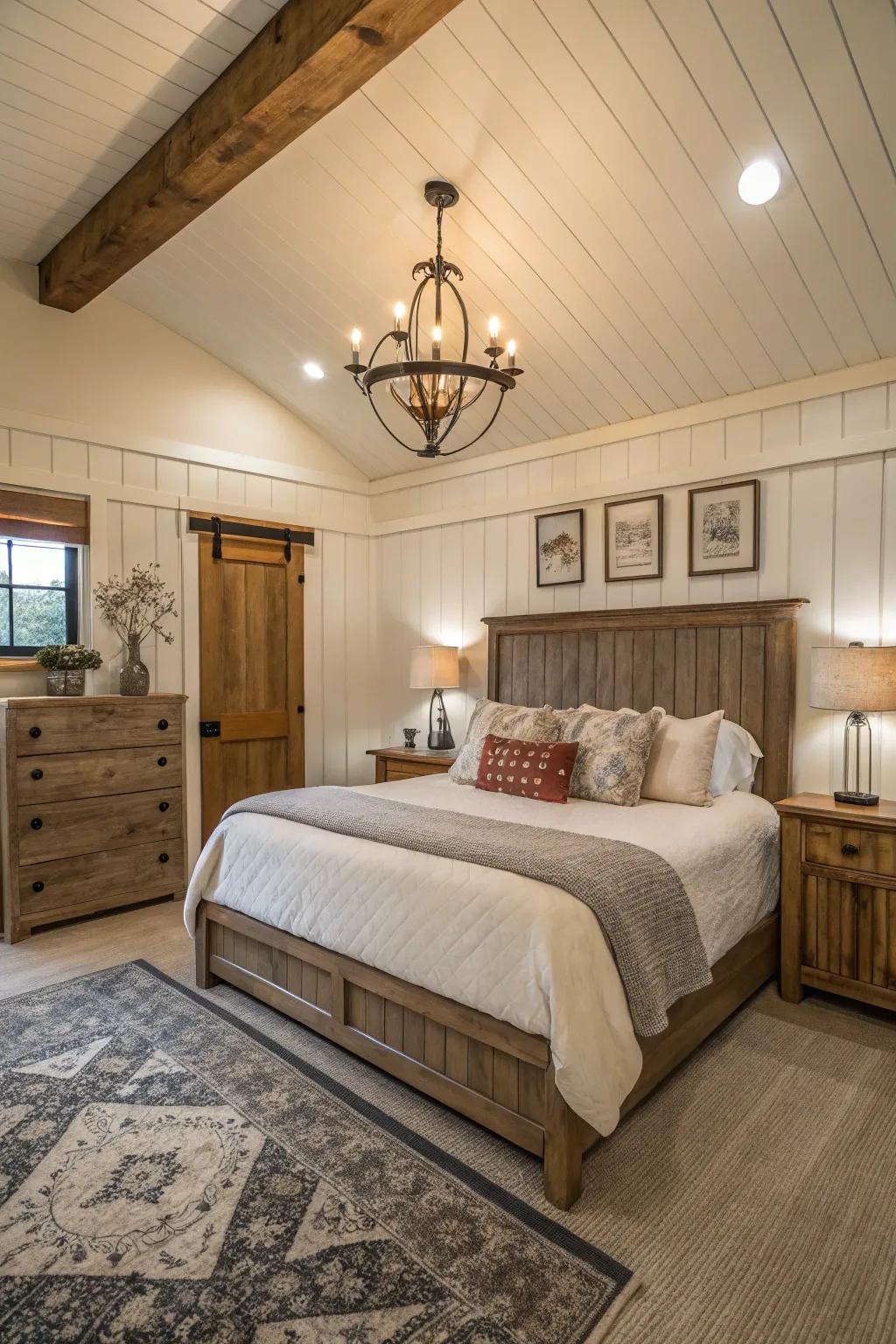 Groove-board paneling incorporates country charm to any master retreat.