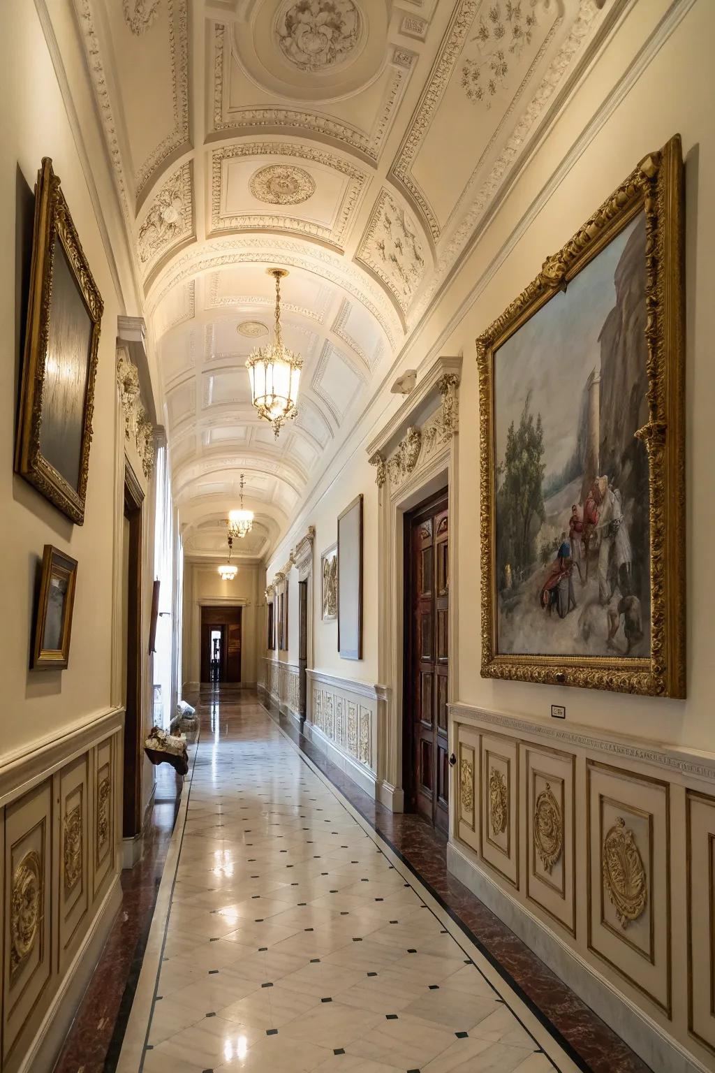 An elegant corridor augmented via wainscoting.