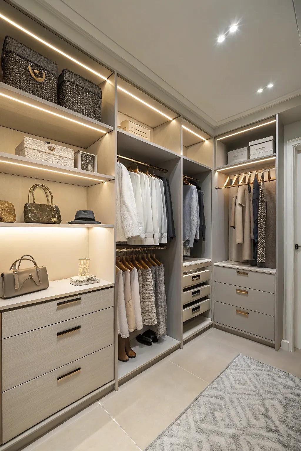 Understated colors evoke a sense of serenity and spaciousness within the closet.