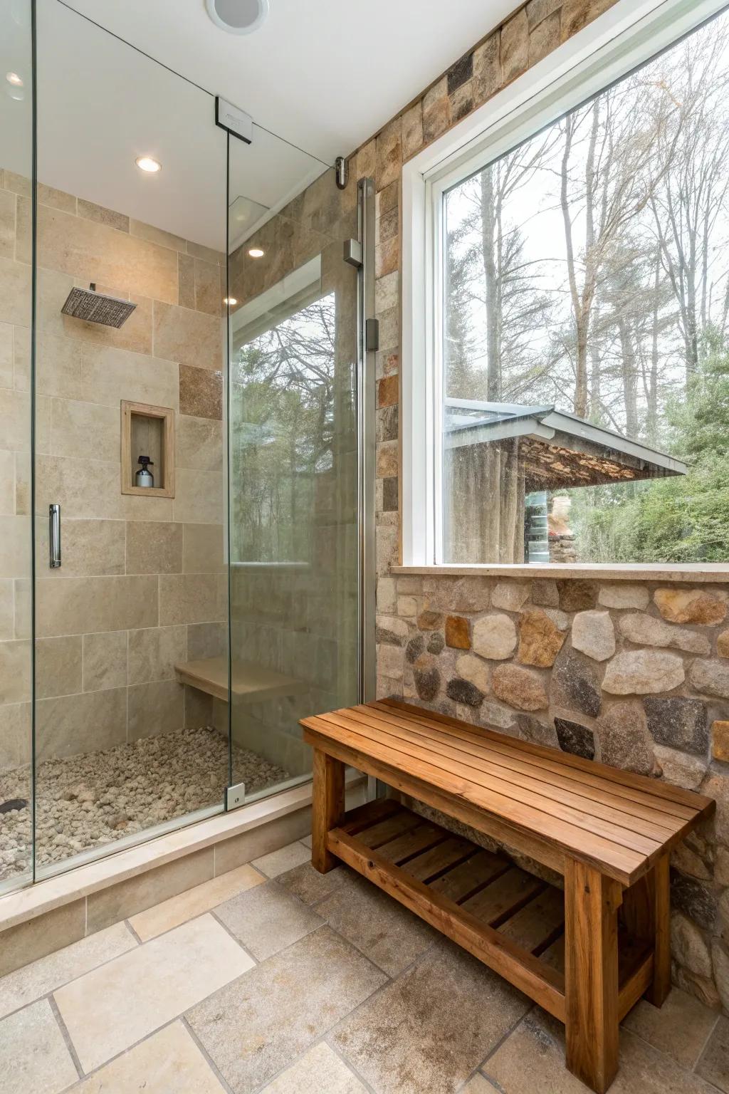 A country-style wooden bench brings an organic charm to the walk-in shower, blending perfectly with stone tiling.