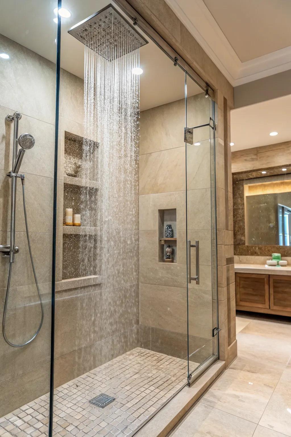A spa-themed walk-in shower encourages peace and quiet.