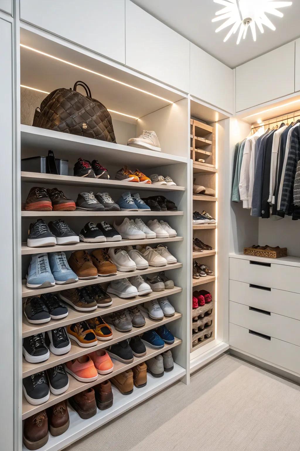 Shoe storage section in a wall closet for a well-organized look.