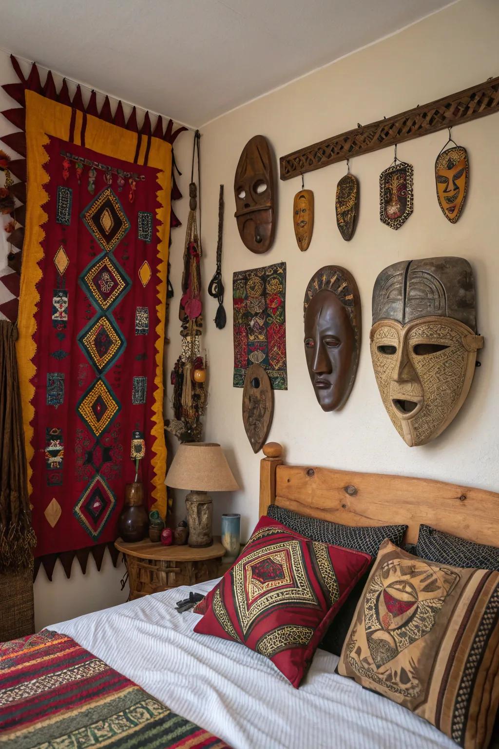 Cultural artifacts add a personal and artistic element to a bedroom.