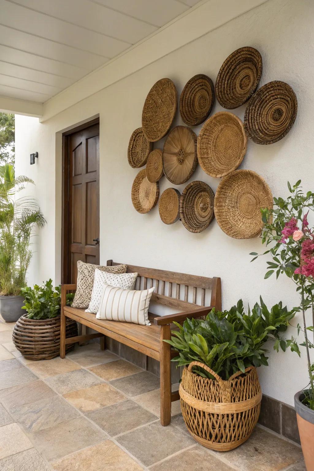 Woven containers complement walls perfectly.