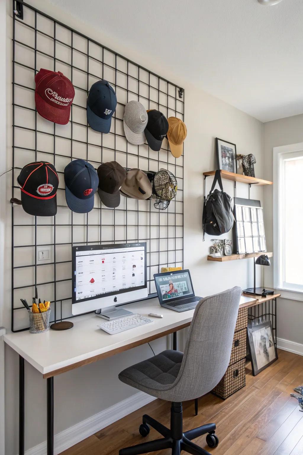 A contemporary framework panel employed to display hats.