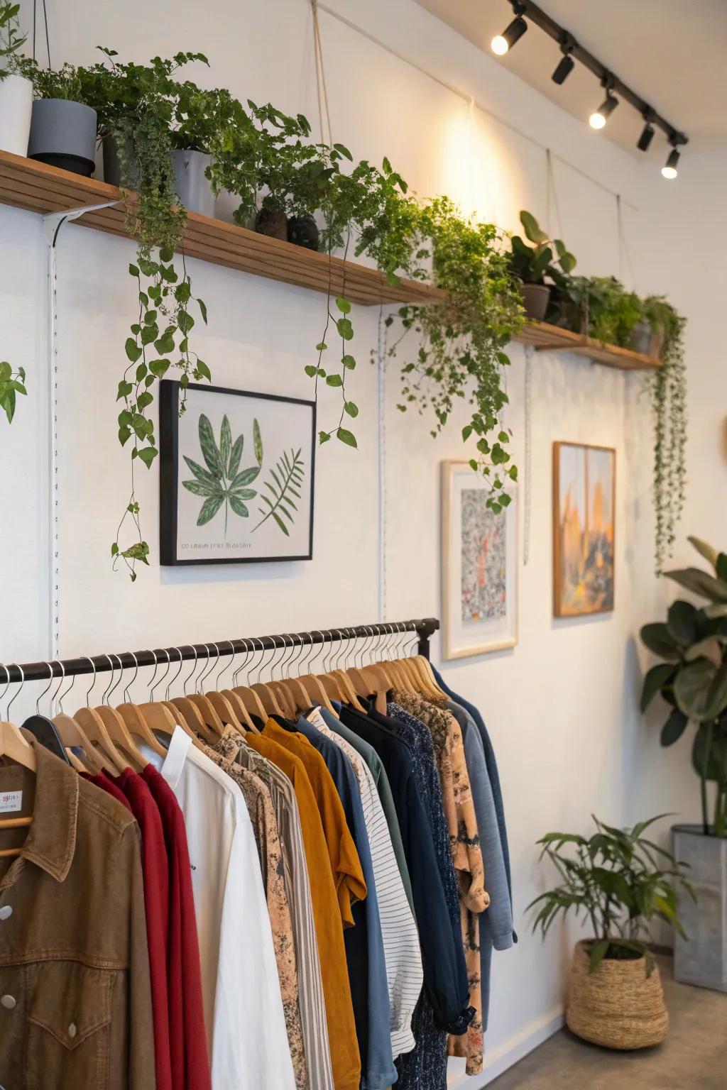 Decorative elements beautifully complement a wall-mounted clothing rack.