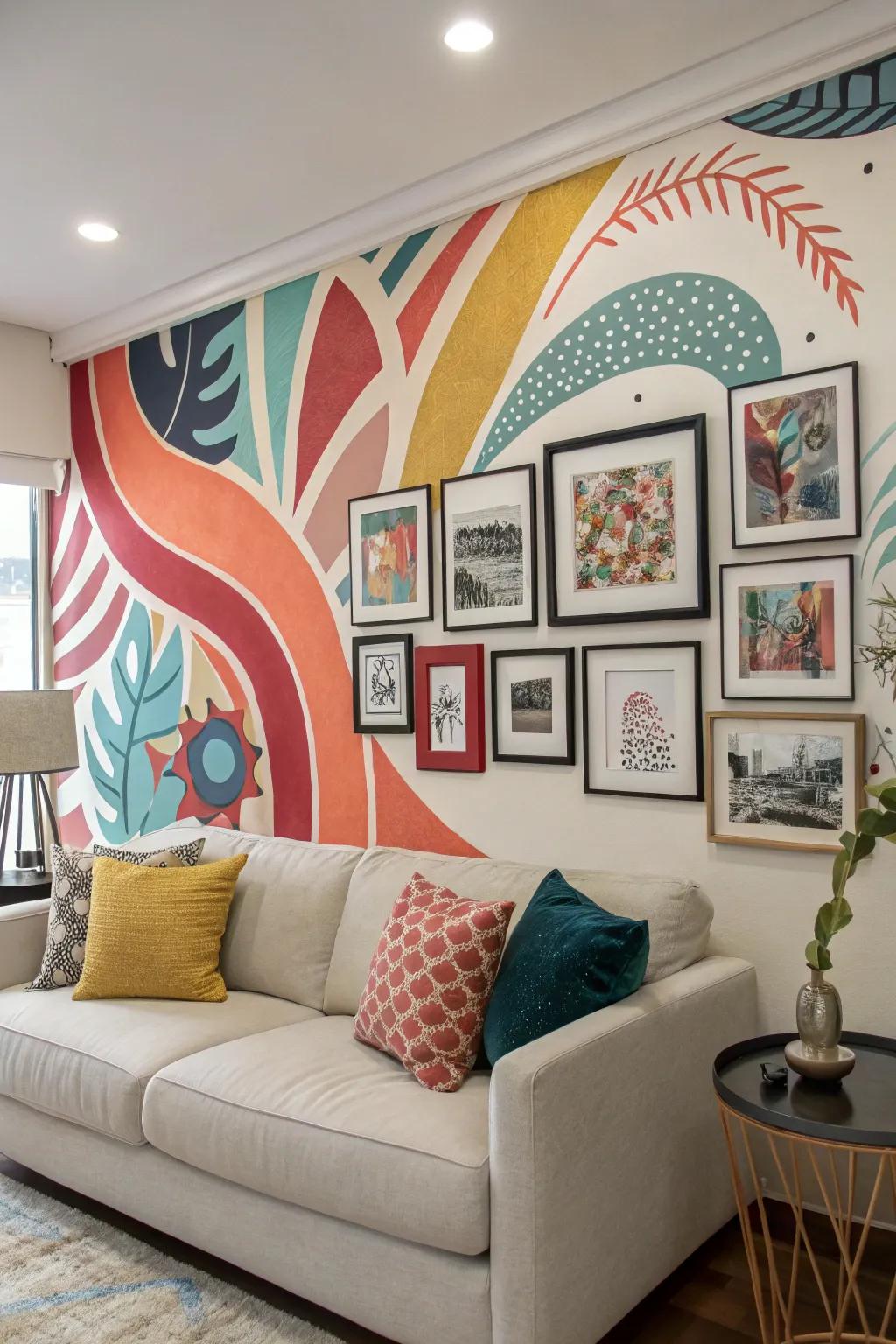 An artistic mural backdrop enhancing a wall of fame.