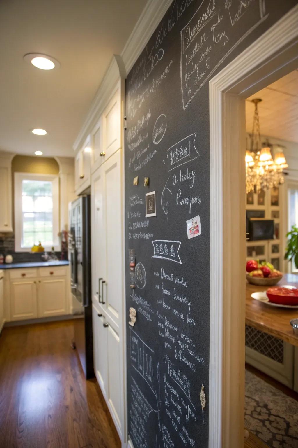 An inventive and useful chalk surface in a culinary setting.