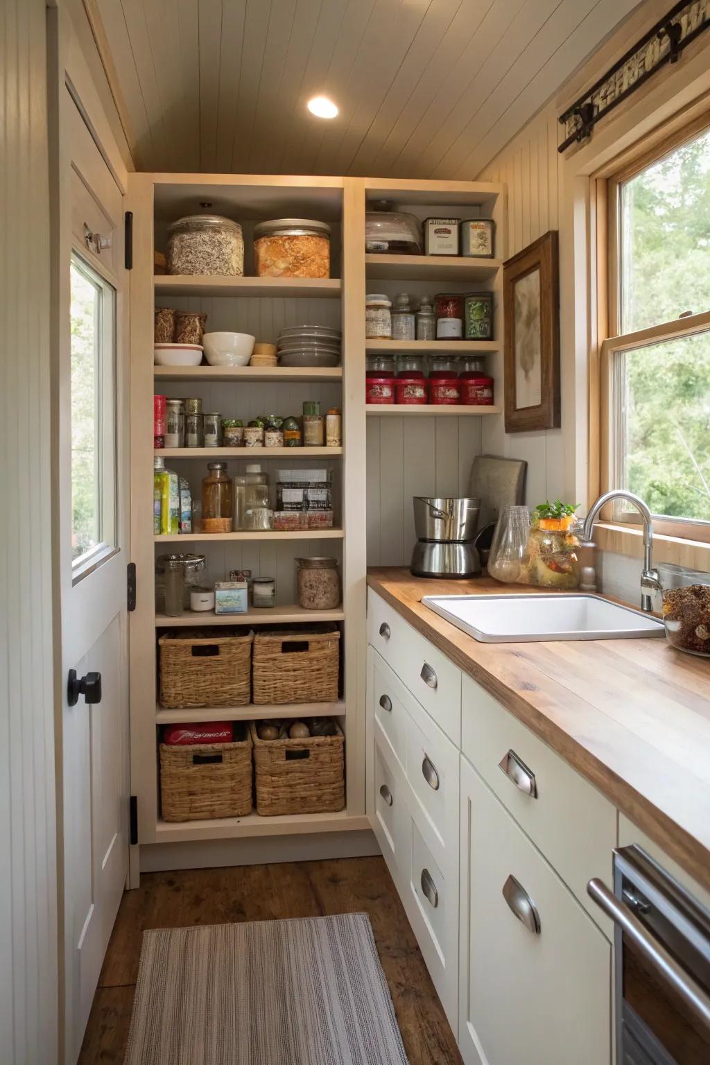 Space-efficient wall pantry enhancing small kitchen areas.
