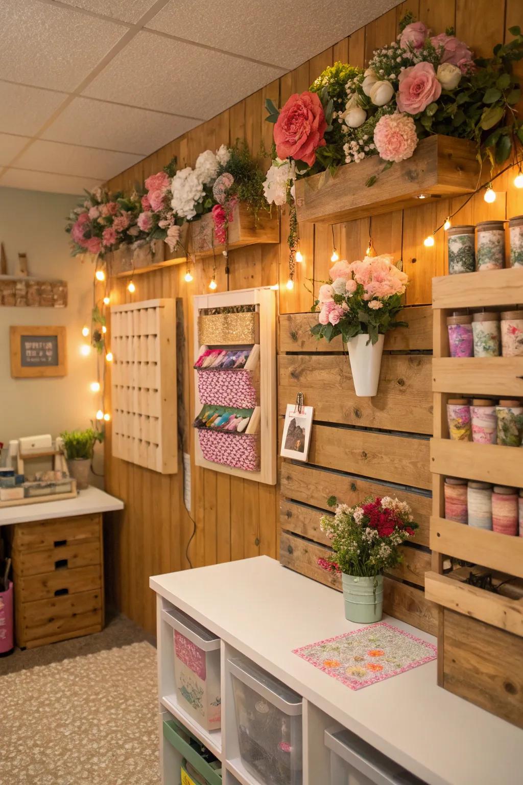 Handcrafted timber wall nooks filled with vibrant faux flora.