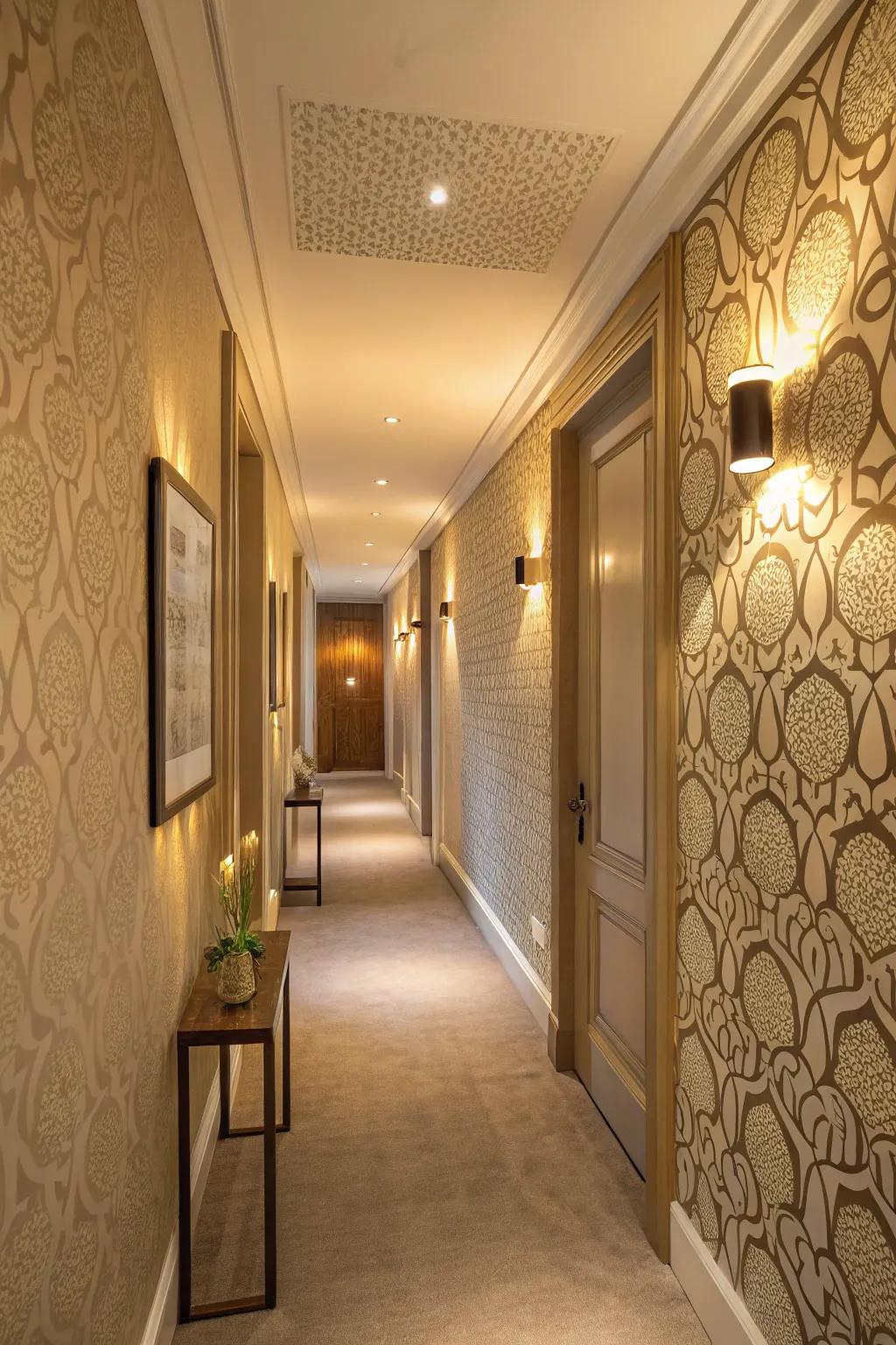 Textured wallpaper enhances depth and warmth in transitional areas.