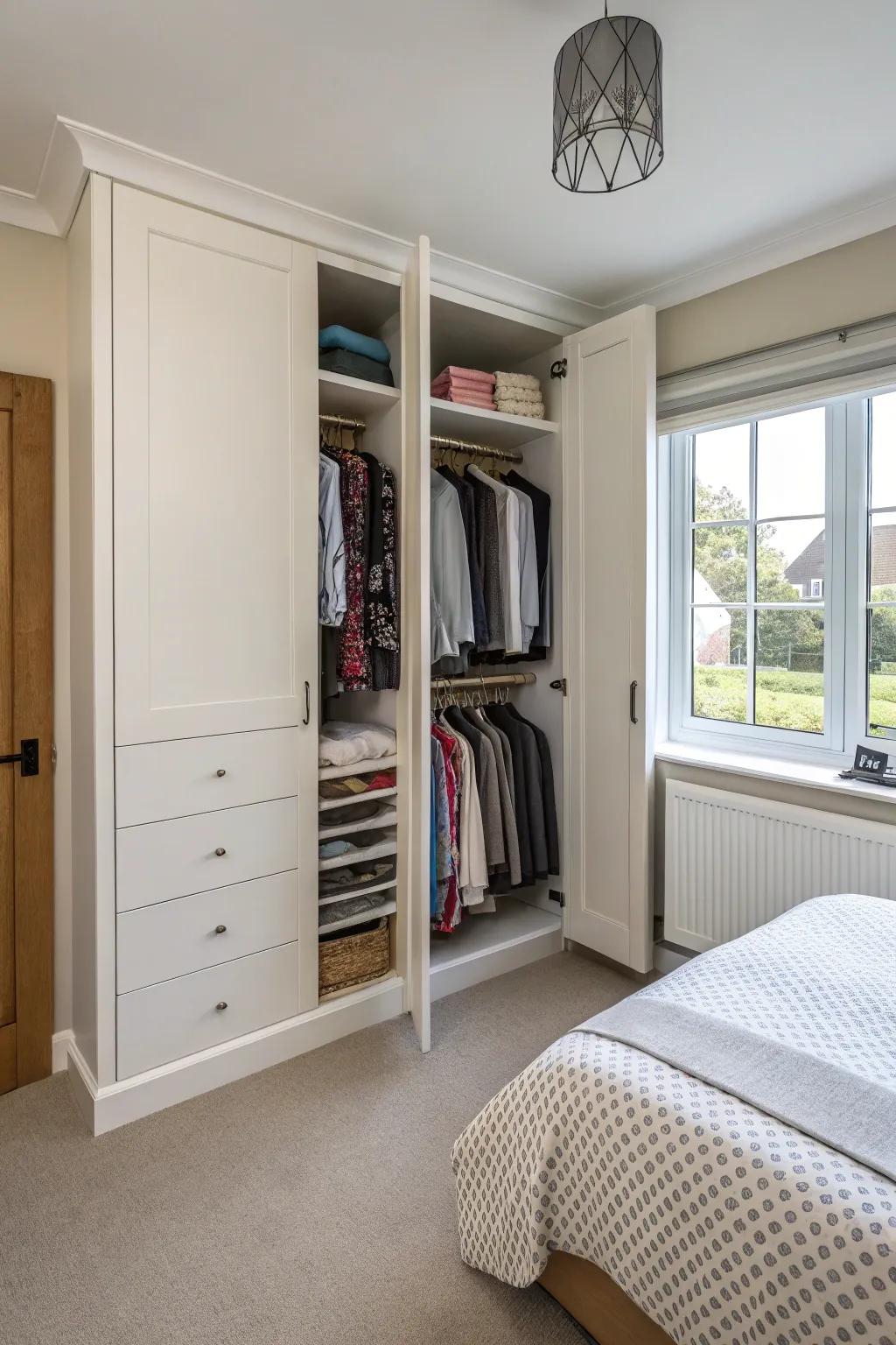An L-shaped wardrobe optimizing corner space.