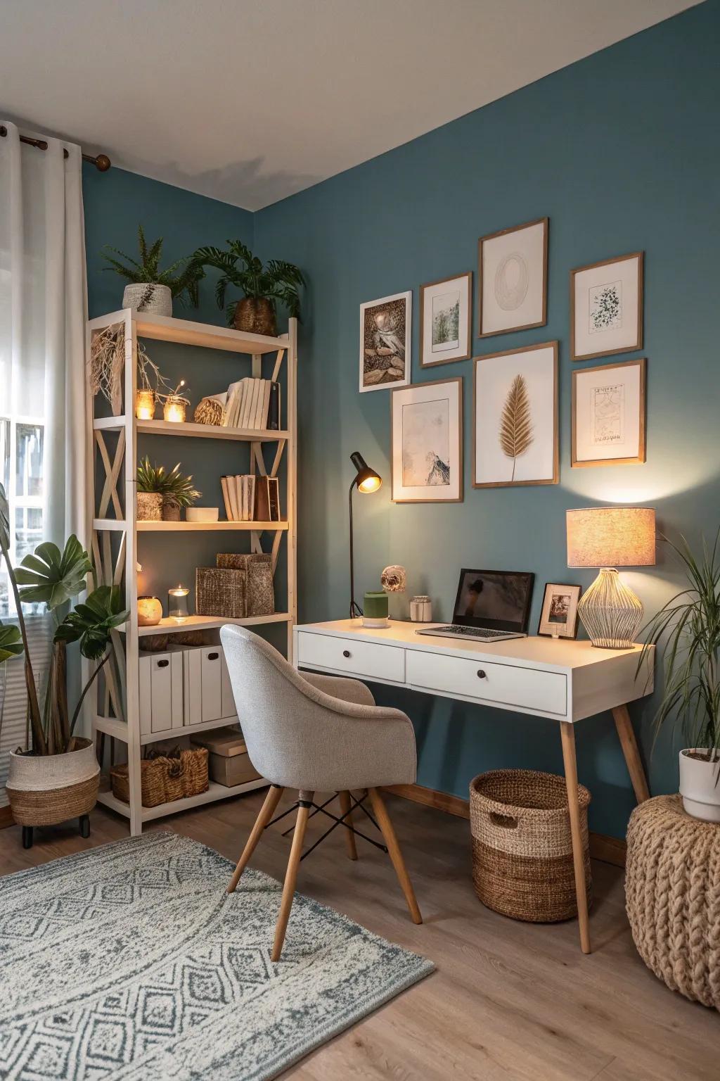 Achieve balance with harmonious color combinations of warm blue, neutrals, and greys.