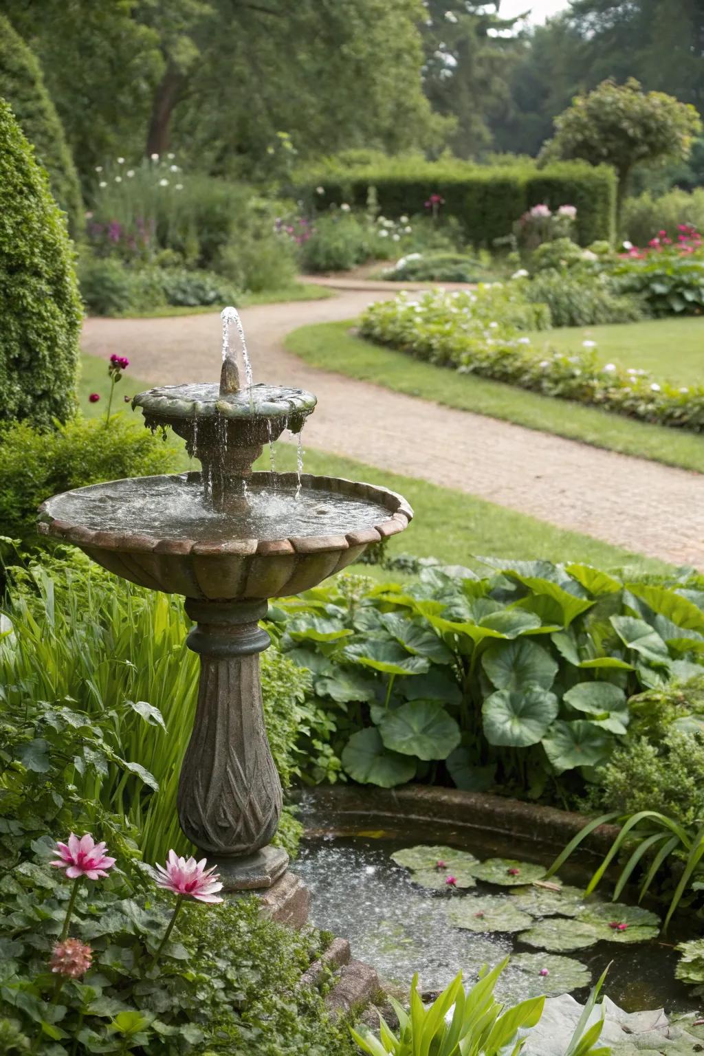 A sculptural water feature functions as both an artistic and relaxation element.