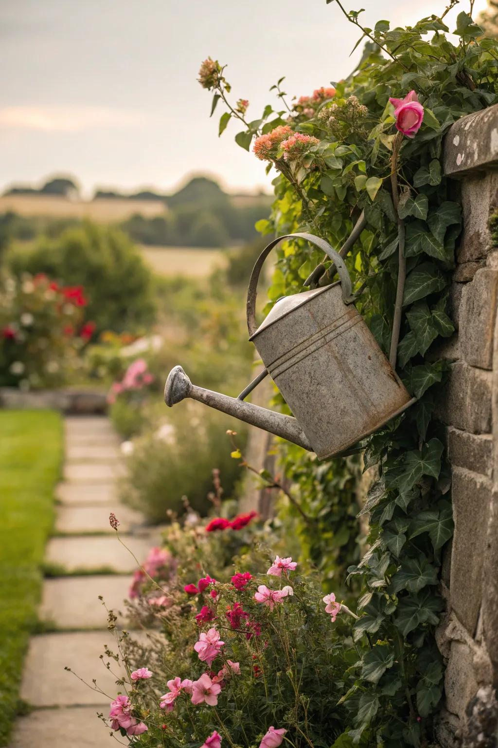 A garden enclosure graced with a watering can and cascading vines.