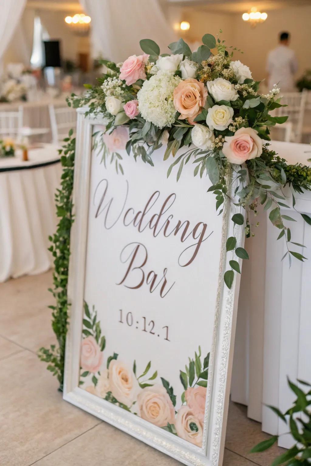 A bar sign is enriched by a loving blossom border.