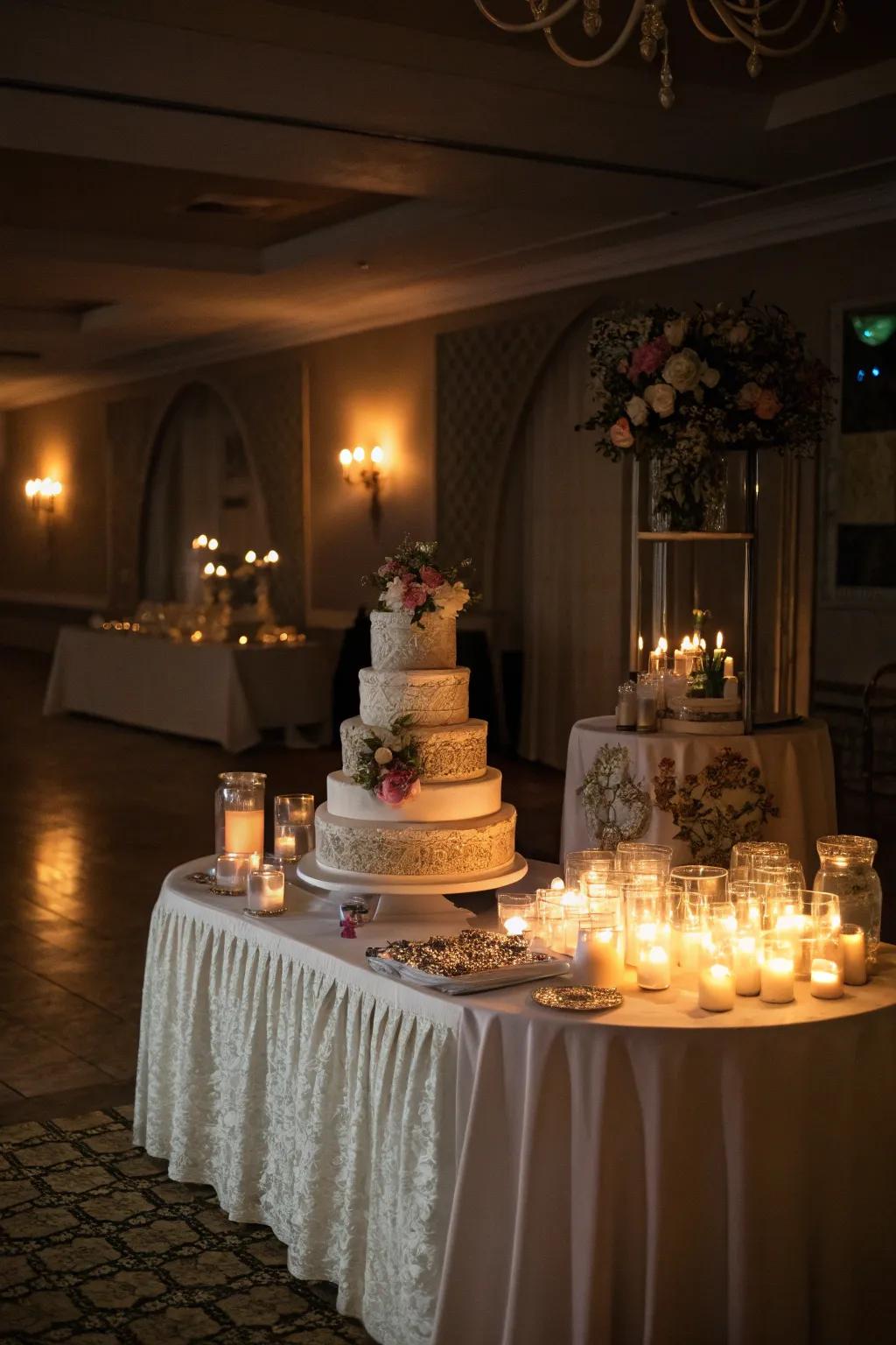 A wedding cake presentation amplified by the warm radiance of candlelight.