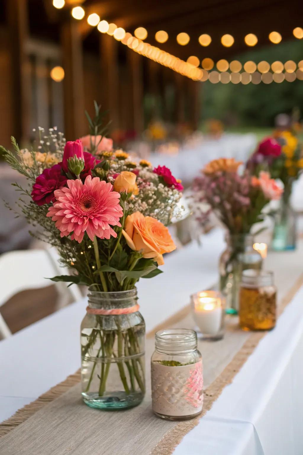 Preservation jars filled with flowers enhance the nostalgic atmosphere of the wedding table.